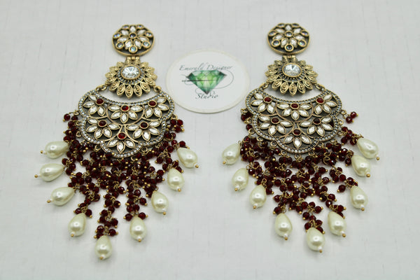 Oxidized Earrings With Cubic Zirconia And Faux Peals - E1122