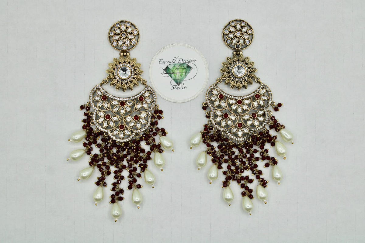 Oxidized Earrings With Cubic Zirconia And Faux Peals - E1122