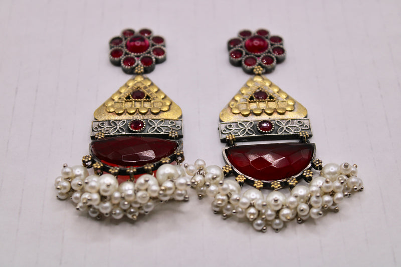 Two-Toned Oxidized Earrings With Carved Stone and Rubies - E1264