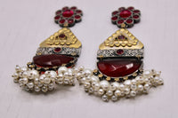 Two-Toned Oxidized Earrings With Carved Stone and Rubies - E1264