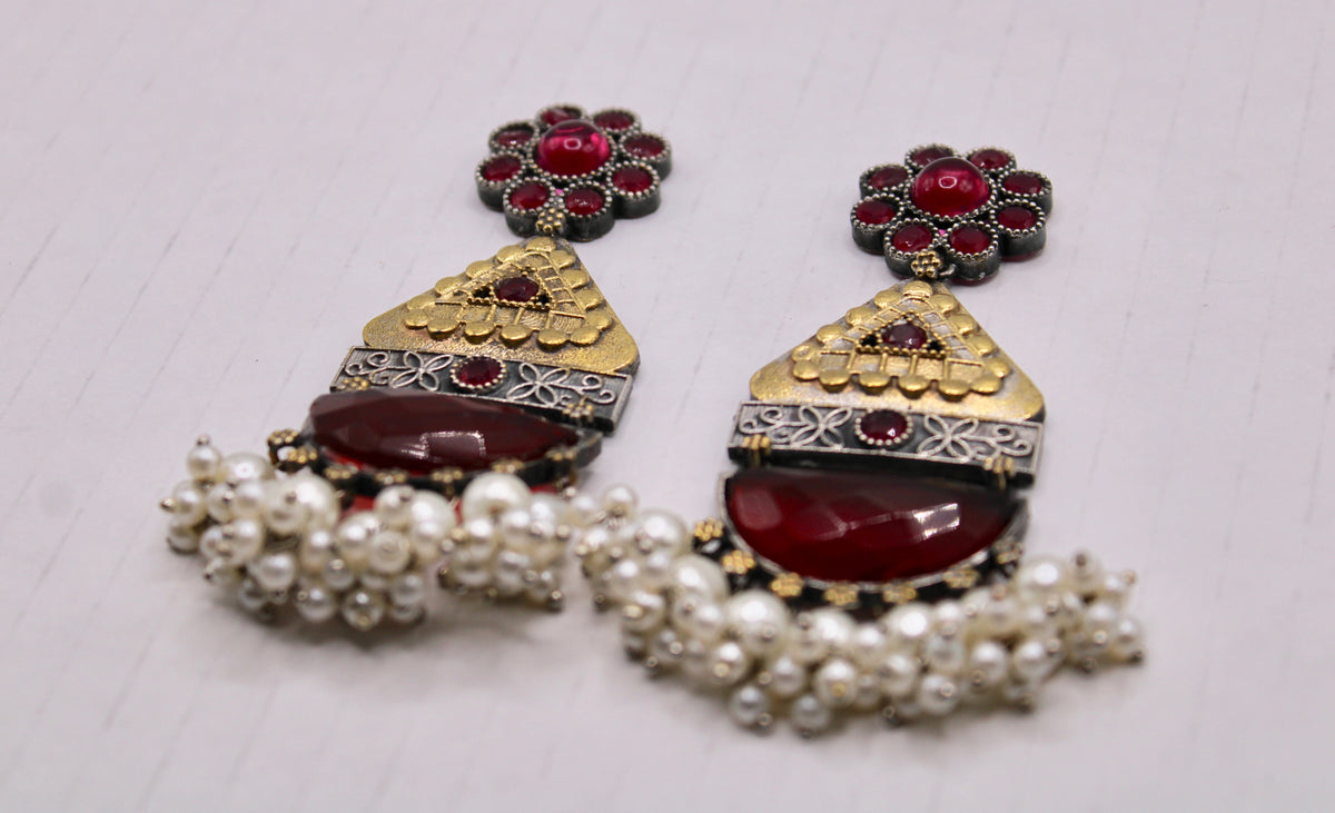 Two-Toned Oxidized Earrings With Carved Stone and Rubies - E1264