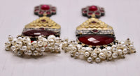 Two-Toned Oxidized Earrings With Carved Stone and Rubies - E1264