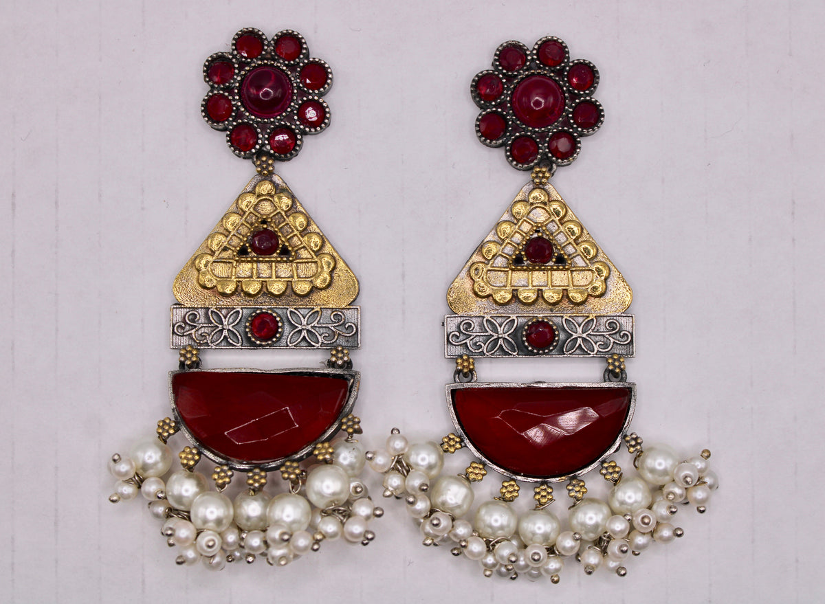 Two-Toned Oxidized Earrings With Carved Stone and Rubies - E1264