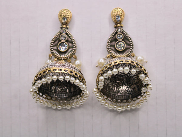 Oxidized Two-Toned Jhumkis With Faux Pearls - E1268