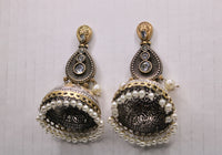 Oxidized Two-Toned Jhumkis With Faux Pearls - E1268