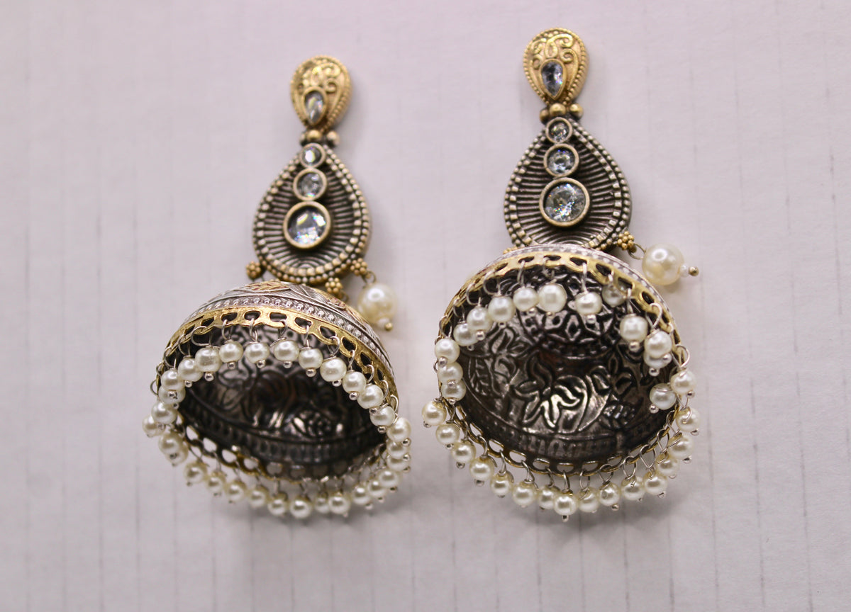 Oxidized Two-Toned Jhumkis With Faux Pearls - E1268