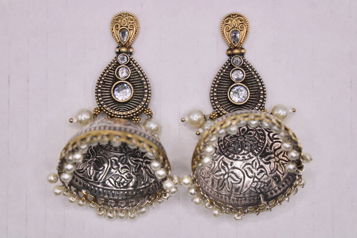 Oxidized Two-Toned Jhumkis With Faux Pearls - E1268