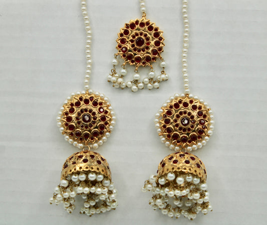 Gold-Plated Thappa-Kundan Jhumki and Teeka Set - E1336