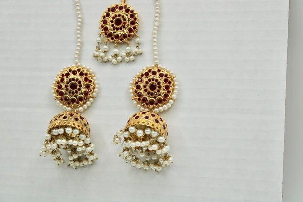 Gold-Plated Thappa-Kundan Jhumki and Teeka Set - E1336