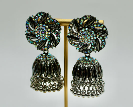 Floral Rhinestone and Ghungroo Jhumki Set - E7007