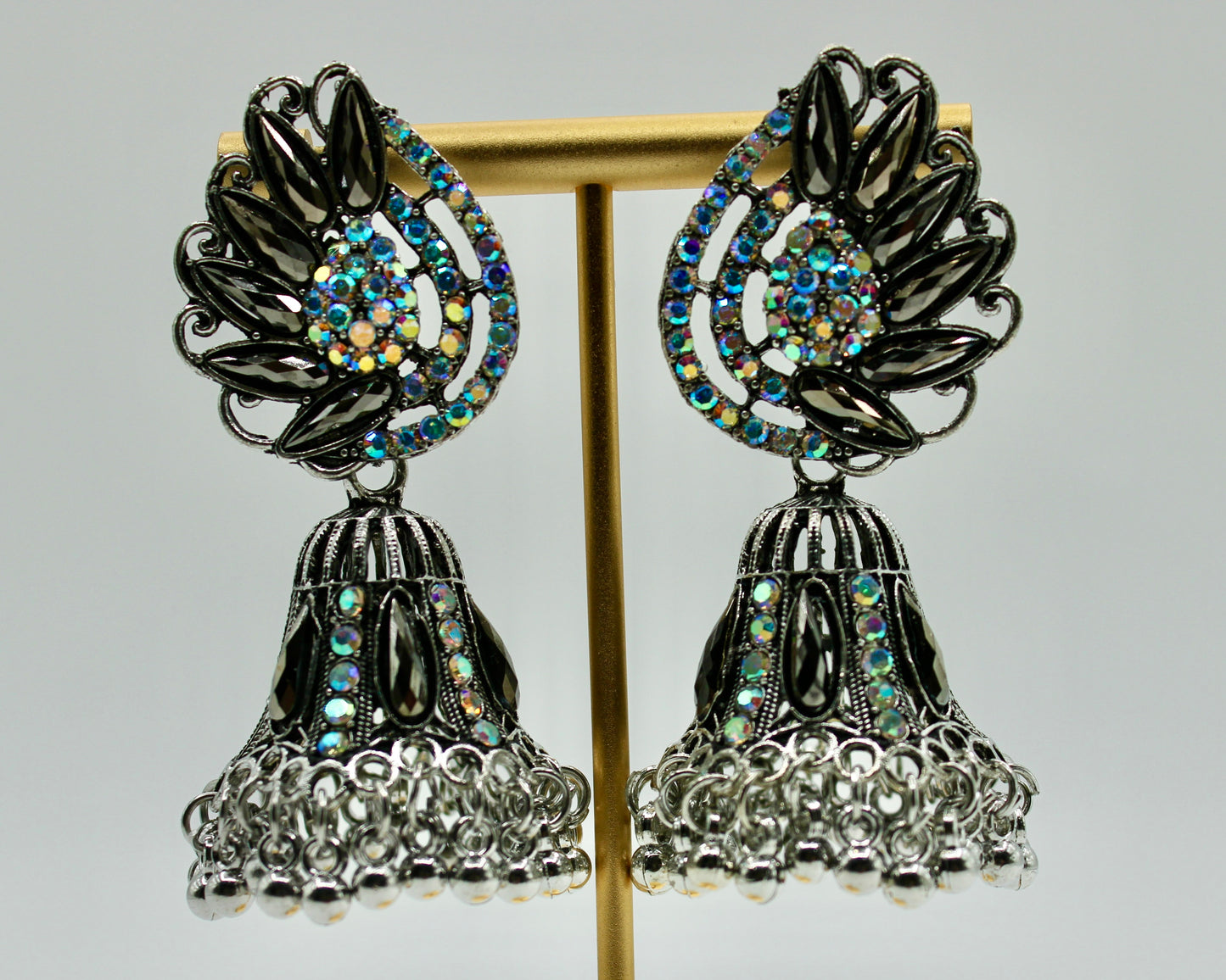 Iridescent Rhinestone and Ghungroo Jhumki Set - E7005