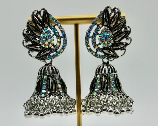 Iridescent Rhinestone and Ghungroo Jhumki Set - E7005