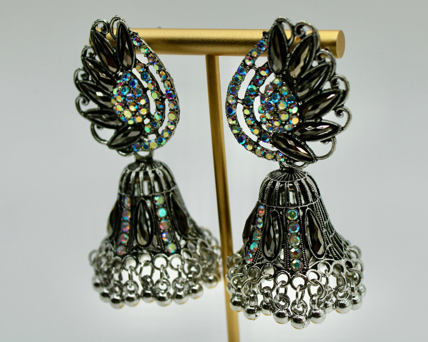 Iridescent Rhinestone and Ghungroo Jhumki Set - E7005