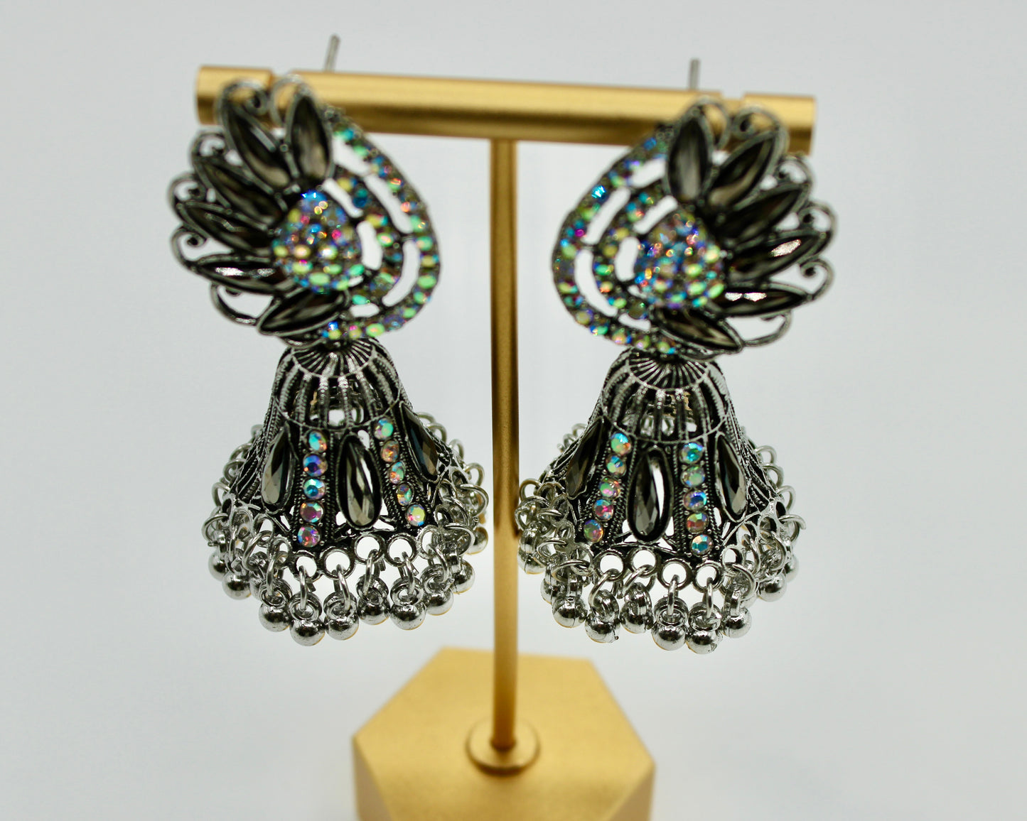 Iridescent Rhinestone and Ghungroo Jhumki Set - E7005