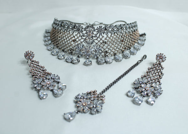 Cubic Zirconia Choker Necklace Set - E855