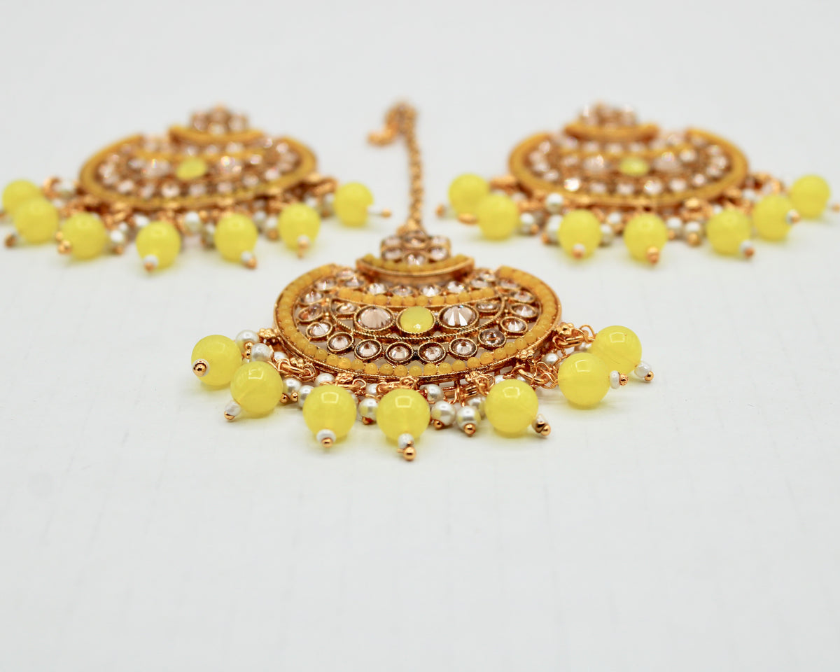 Cubic Zirconia and Bead Chaand Bali Teeka Set - E1325