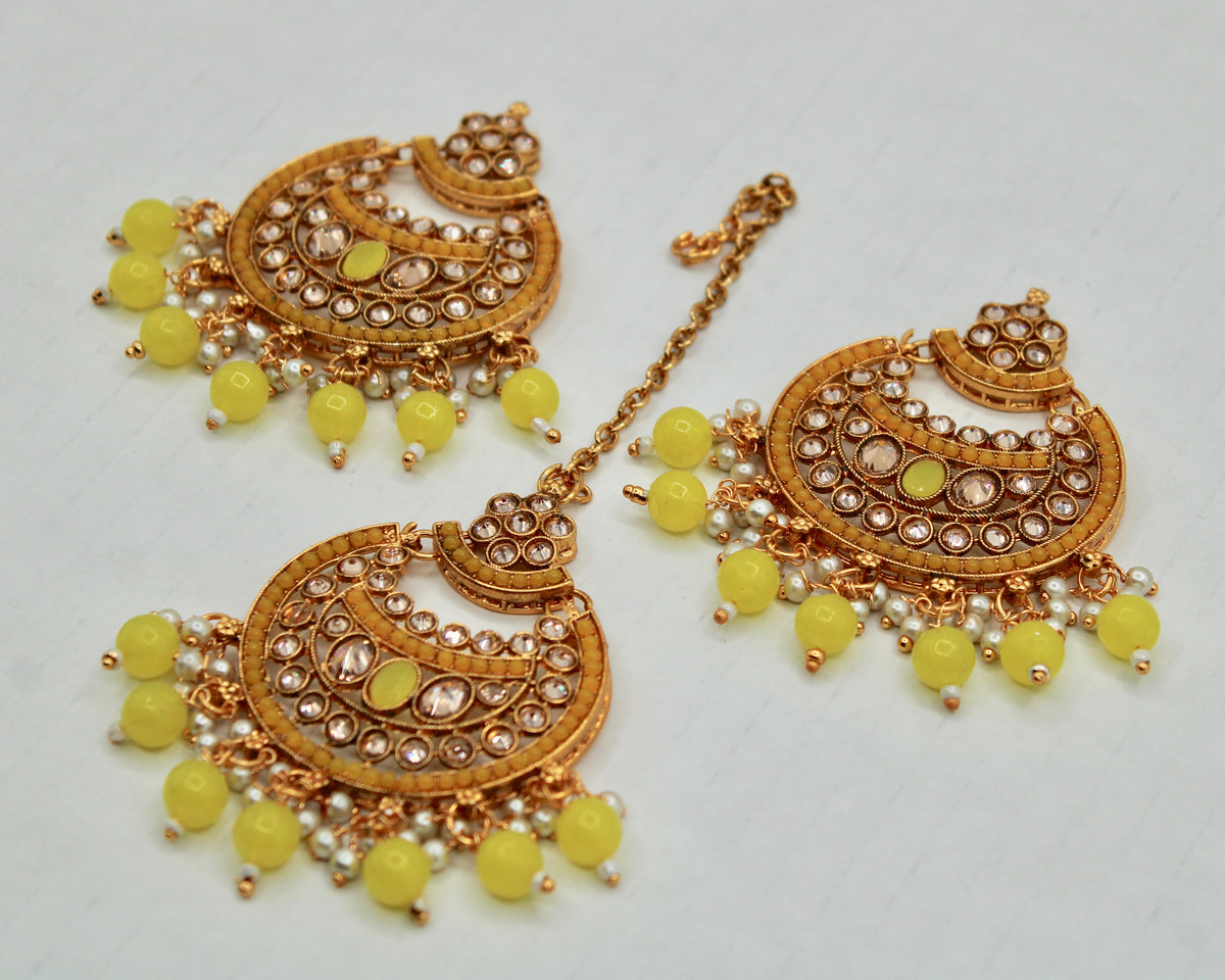 Cubic Zirconia and Bead Chaand Bali Teeka Set - E1325