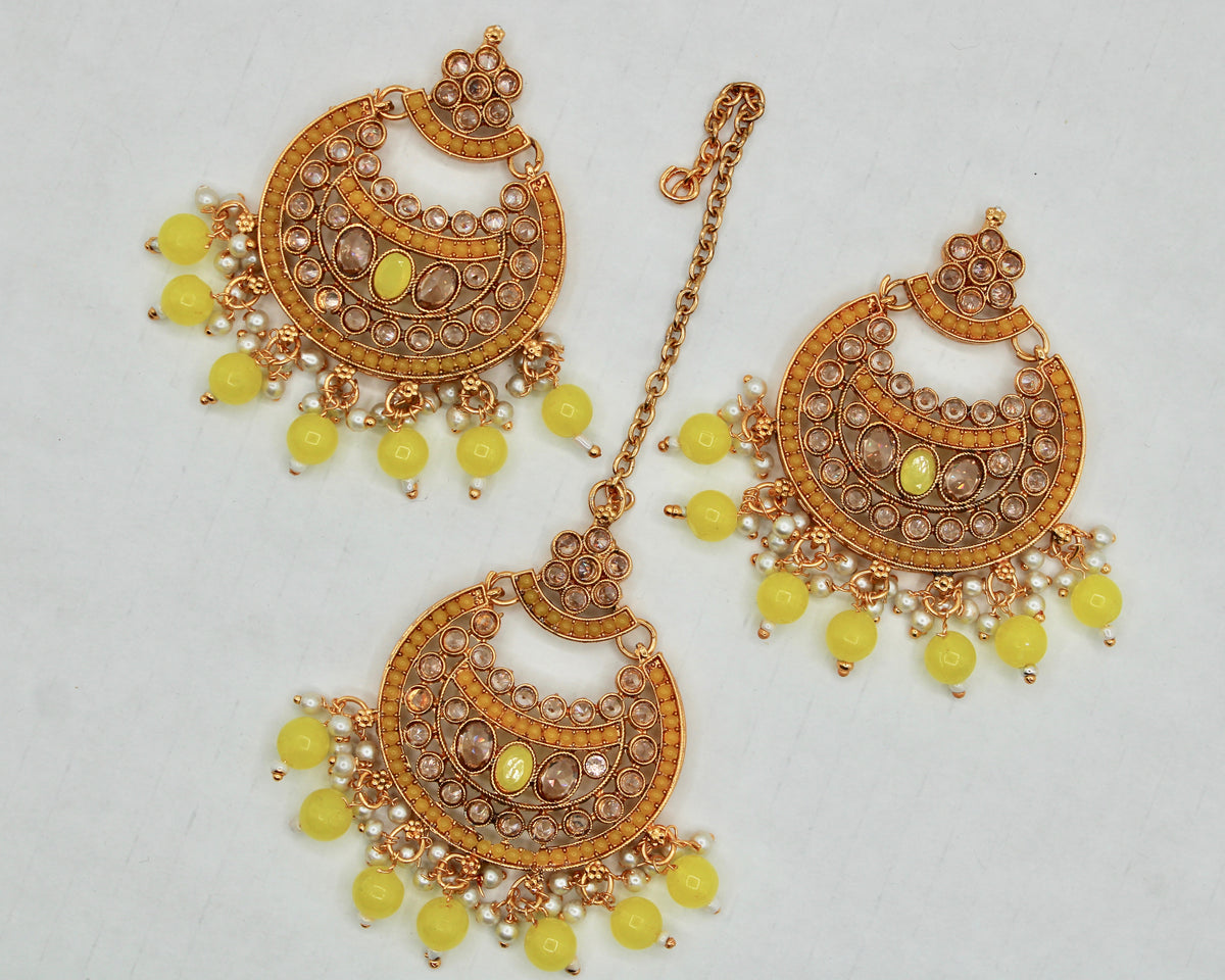 Cubic Zirconia and Bead Chaand Bali Teeka Set - E1325