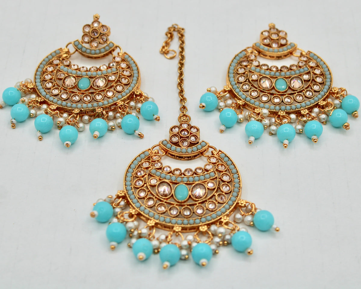 Cubic Zirconia and Bead Chaand Bali Teeka Set - E1325