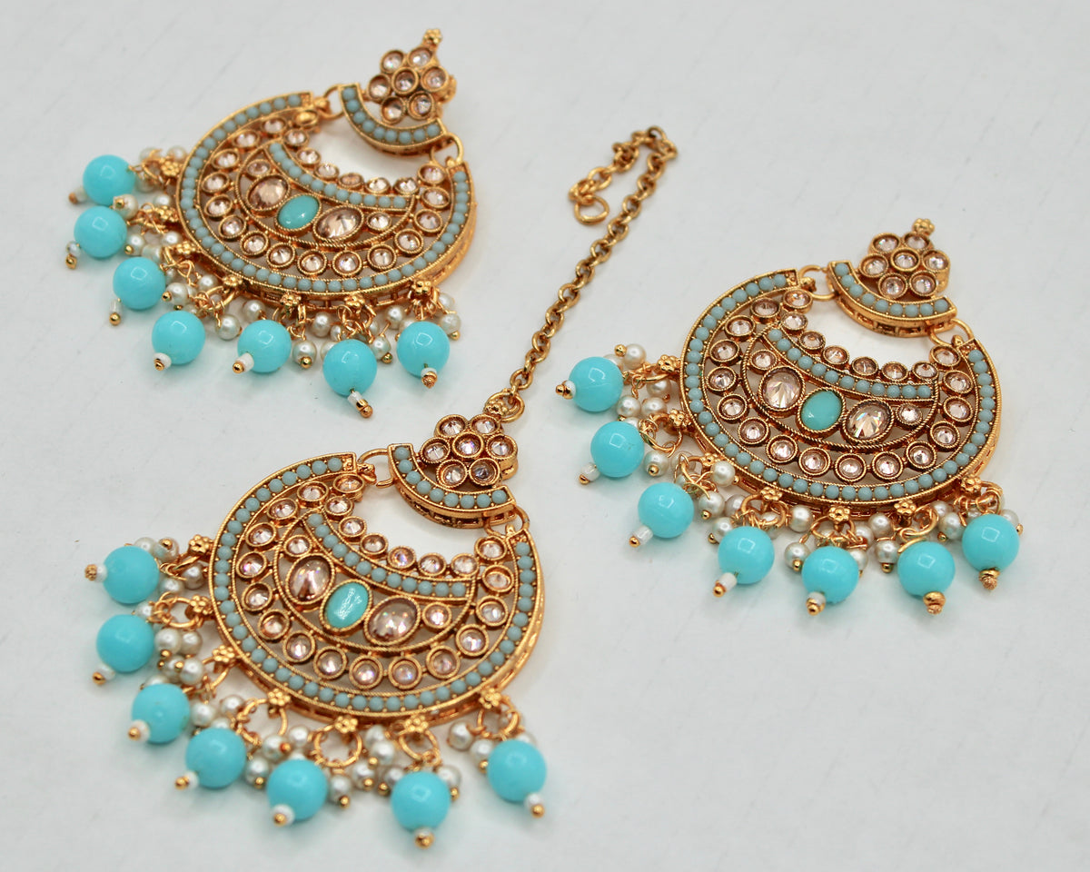 Cubic Zirconia and Bead Chaand Bali Teeka Set - E1325