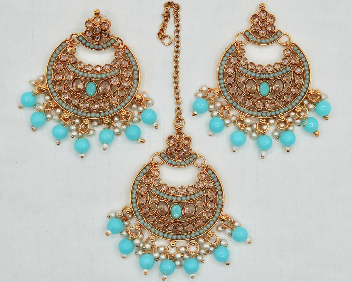 Cubic Zirconia and Bead Chaand Bali Teeka Set - E1325