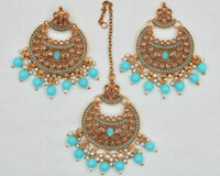 Cubic Zirconia and Bead Chaand Bali Teeka Set - E1325