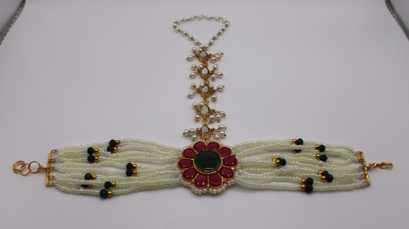 Sheesha Kundan and Faux Pearl Anja (Bracelet With Ring) - E1187