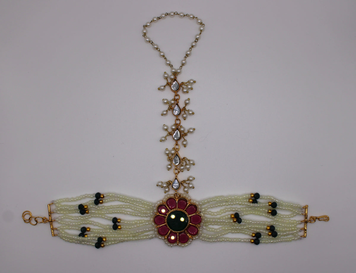 Sheesha Kundan and Faux Pearl Anja (Bracelet With Ring) - E1187