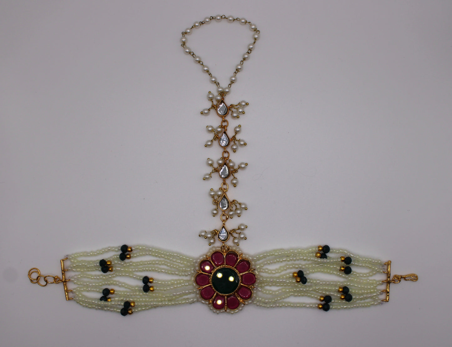 Sheesha Kundan and Faux Pearl Anja (Bracelet With Ring) - E1187