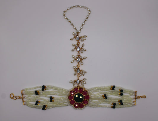 Sheesha Kundan and Faux Pearl Anja (Bracelet With Ring) - E1187