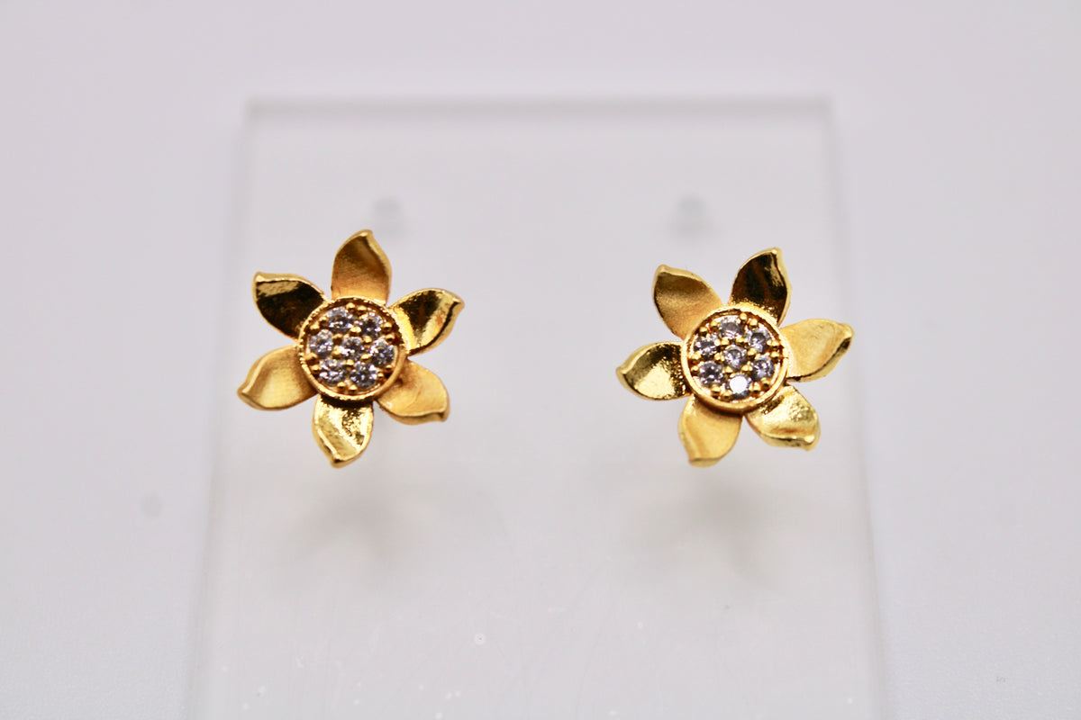 Gold-Tone Floral Studs With Cubic Zirconia - E1250
