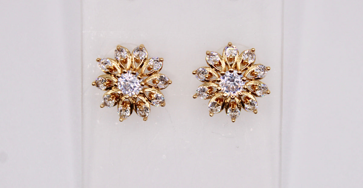 Gold-Tone Floral Studs With Cubic Zirconia - E1248