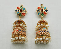 Faux Pearl And Nauratan Layered Jhumki - E1610