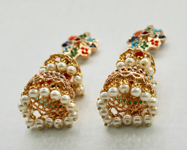 Faux Pearl And Nauratan Layered Jhumki - E1610