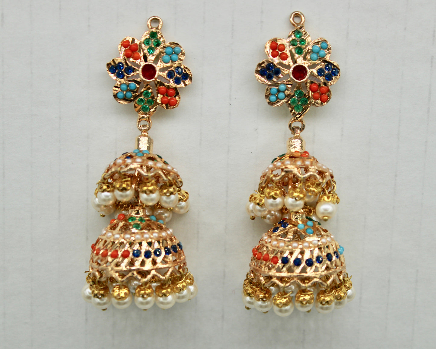 Faux Pearl And Nauratan Layered Jhumki - E1610