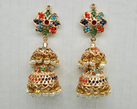 Faux Pearl And Nauratan Layered Jhumki - E1610