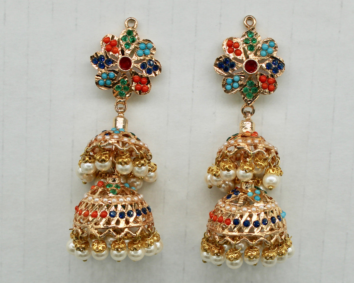 Faux Pearl And Nauratan Layered Jhumki - E1610