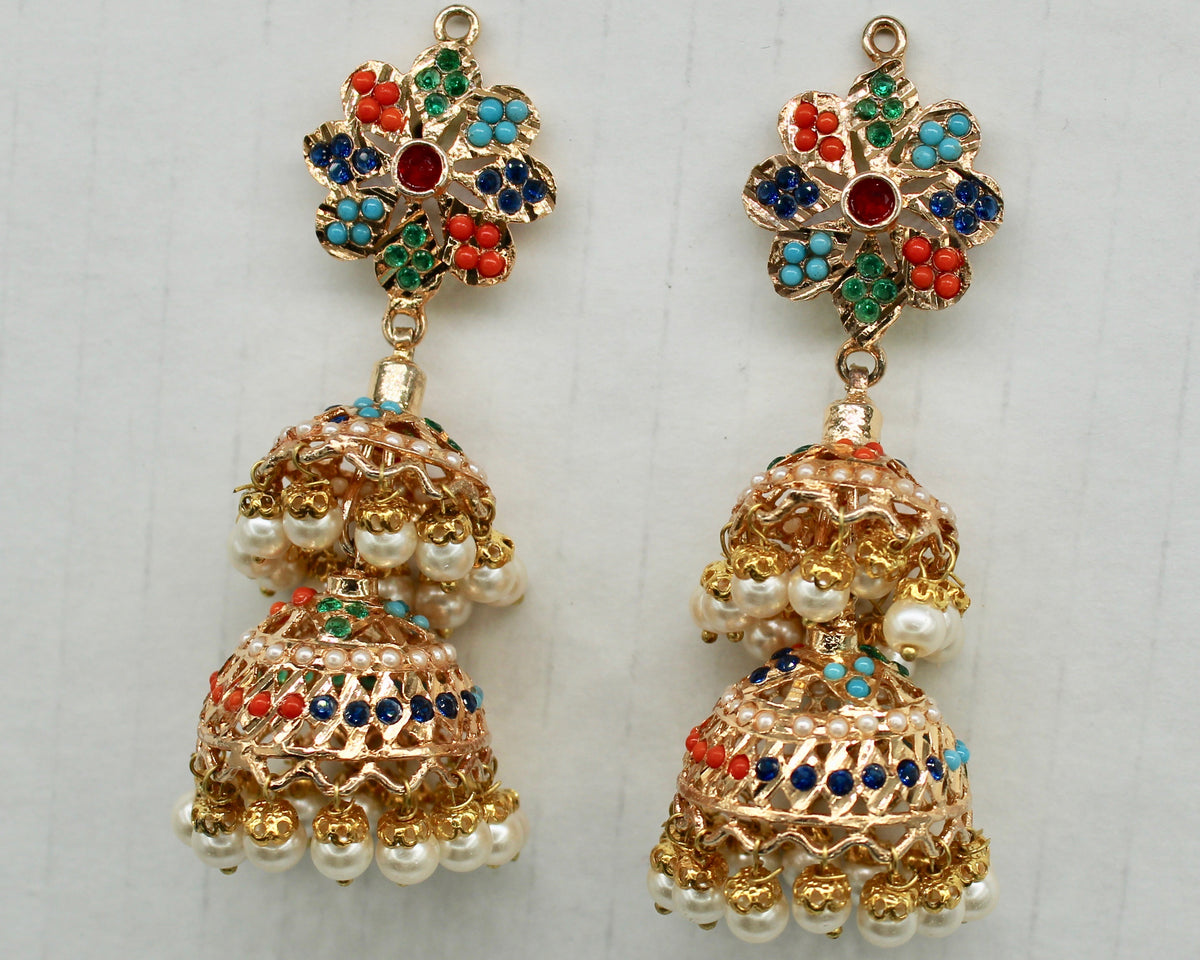 Faux Pearl And Nauratan Layered Jhumki - E1610