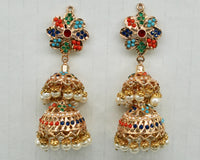 Faux Pearl And Nauratan Layered Jhumki - E1610