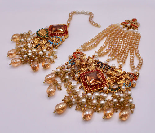 Nauratan and Cubic Zirconia Teeka and Jhumer Set - E1149