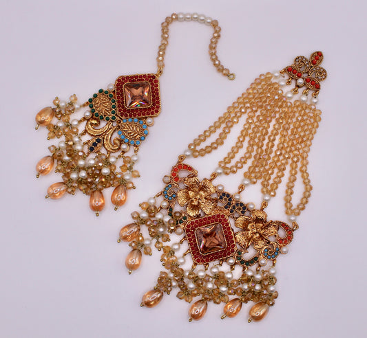 Nauratan and Cubic Zirconia Teeka and Jhumer Set - E1149