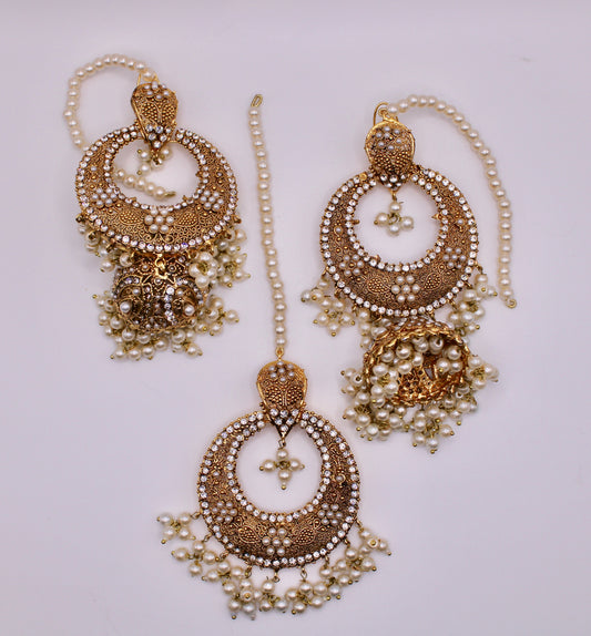 Cubic Zirconia Teeka Set with Faux Pearls - E102