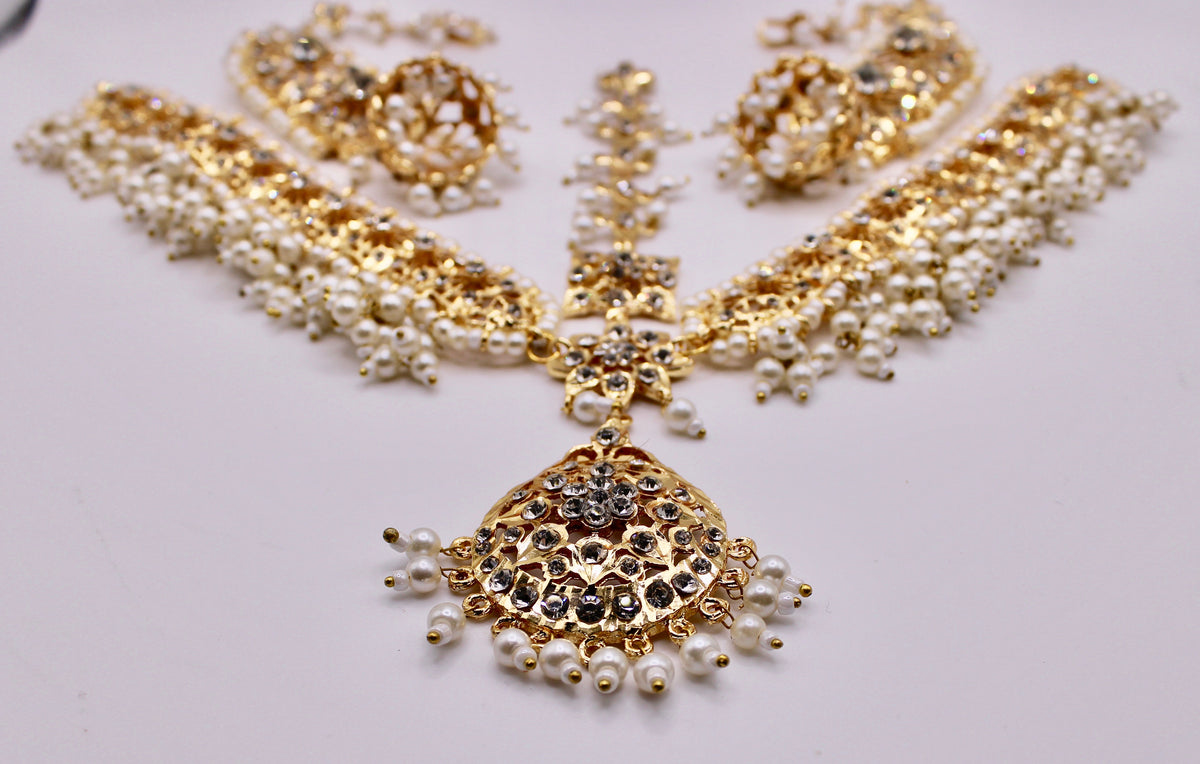 Faux Pearl Hyderabadi Mathha Pati and Earring Set - E1182