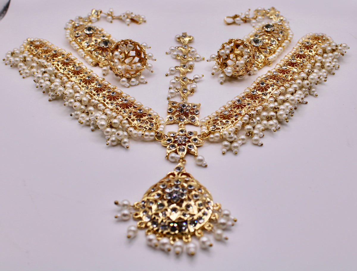 Faux Pearl Hyderabadi Mathha Pati and Earring Set - E1182