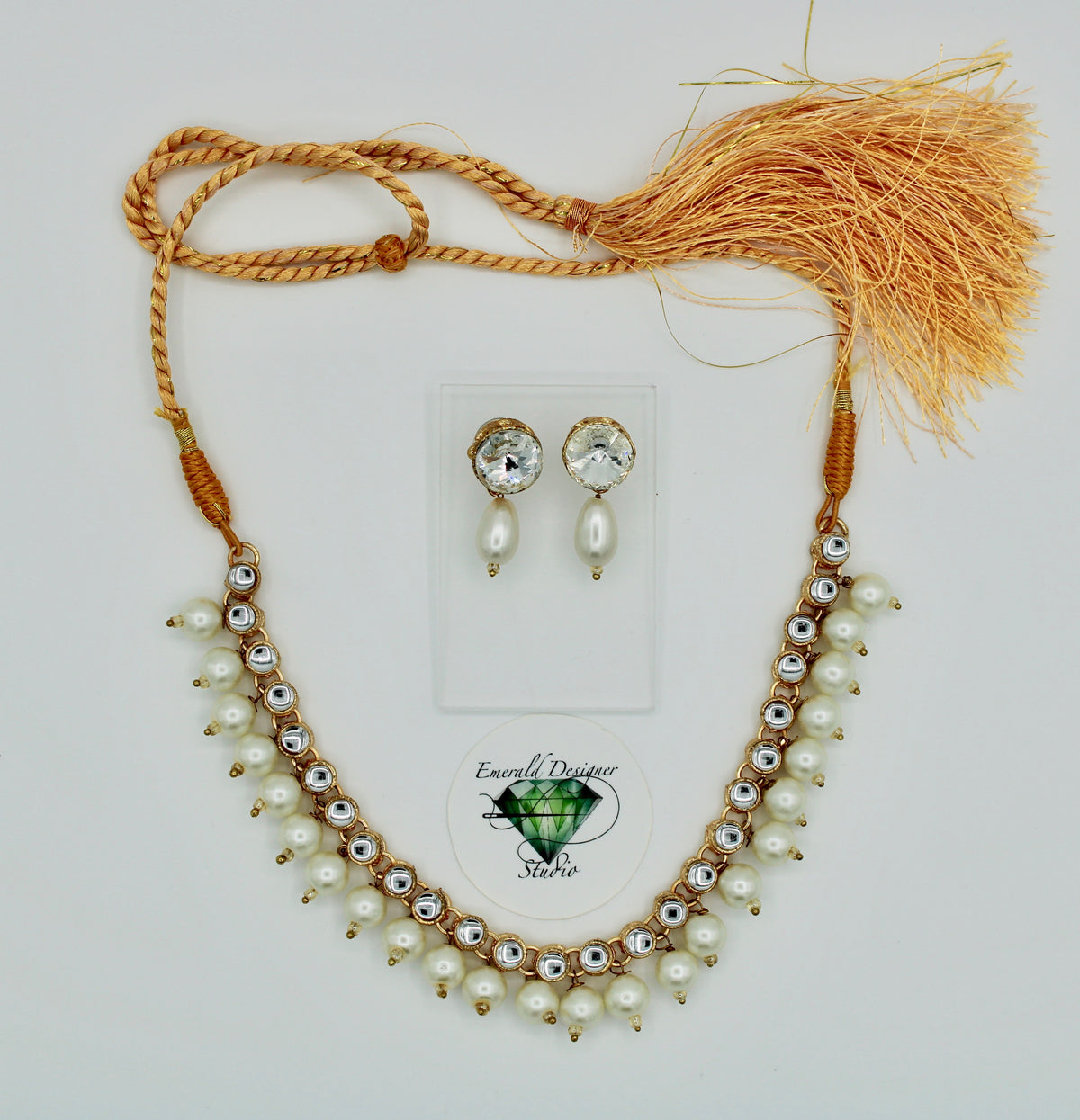 Kundan Faux Pearl and Cubic Zirocnia Necklace Set - E1220