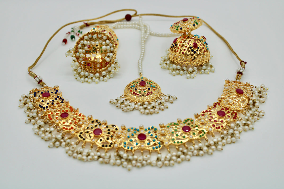 Gold-Plated Hyderabadi Nauratan Necklace Set - E1121