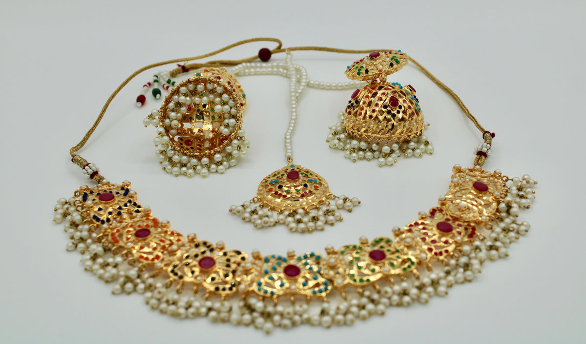 Gold-Plated Hyderabadi Nauratan Necklace Set - E1121