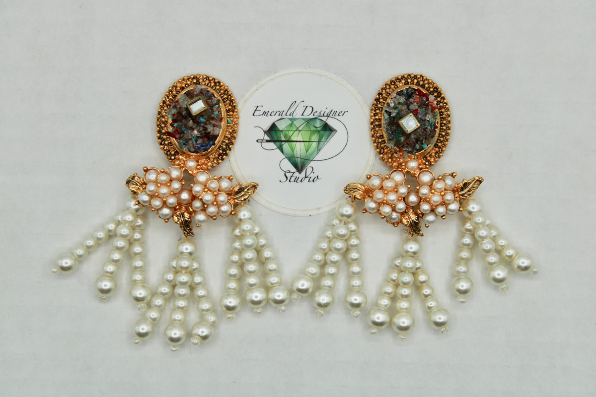 Crushed Stone Earrings with Faux Pearls - E1107