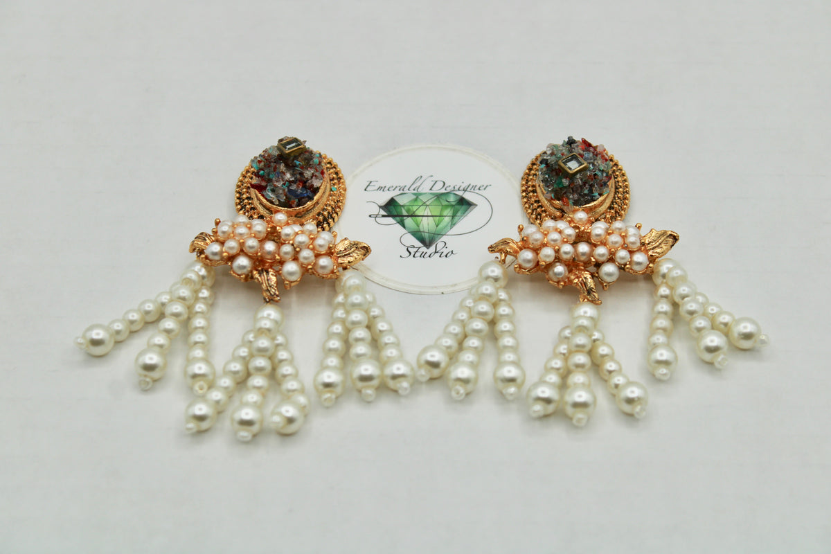 Crushed Stone Earrings with Faux Pearls - E1107