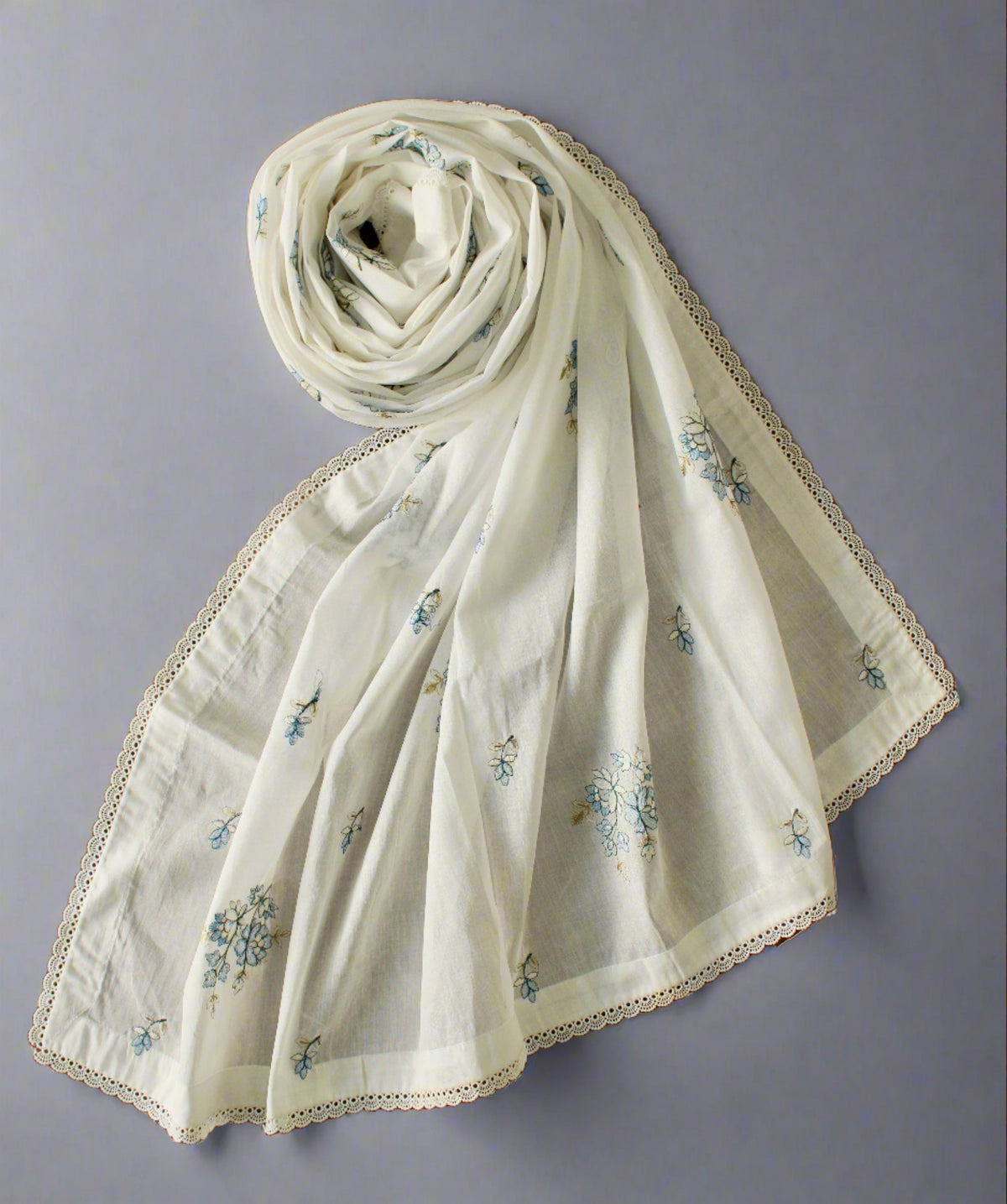 Embroidered Swiss Lawn Shawl With Lace - E1398